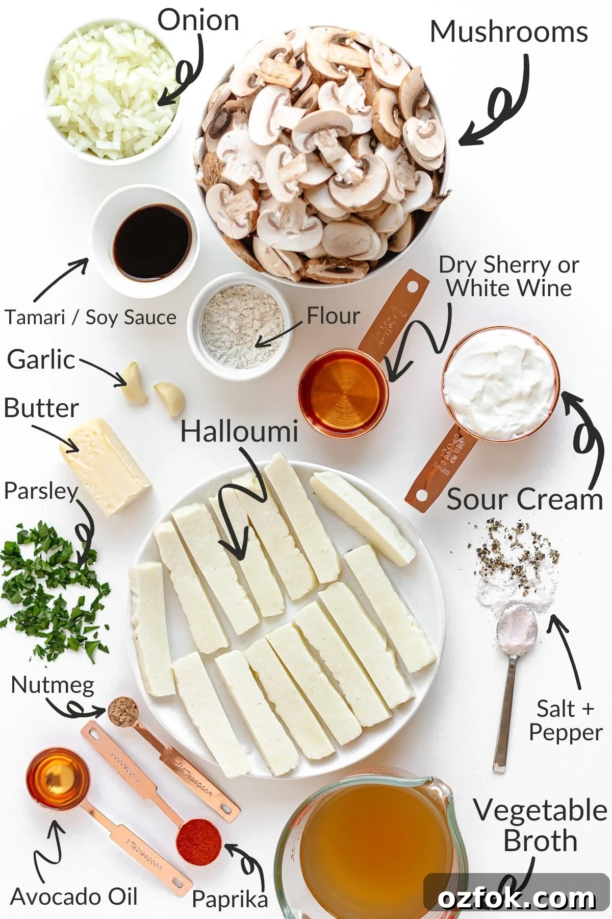 Creamy Halloumi Stroganoff with Mushrooms and Thyme 4 Labelled overhead image of ingredients needed to make Halloumi Stroganoff.