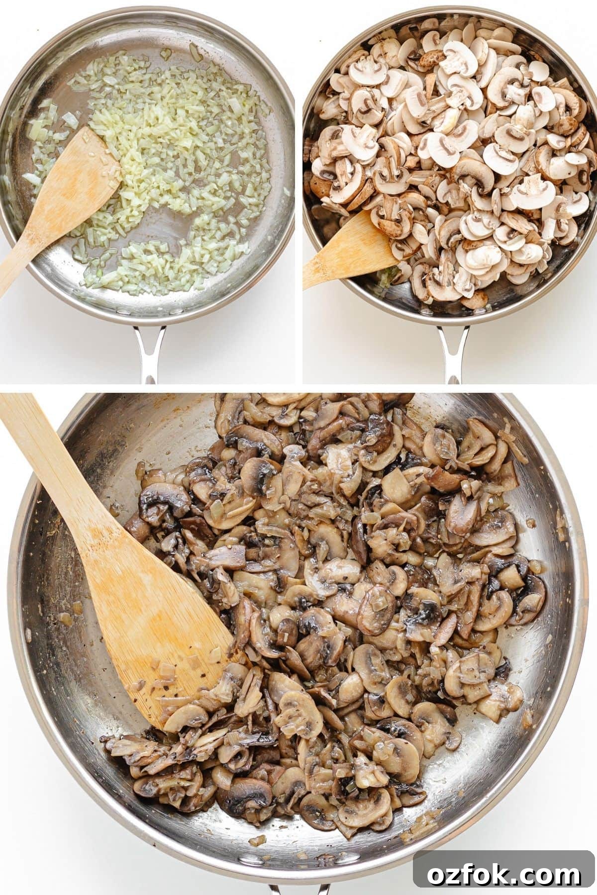 Creamy Halloumi Stroganoff with Mushrooms and Thyme 6 Collage of images showing different stages of the veggies being sautéed for stroganoff sauce.