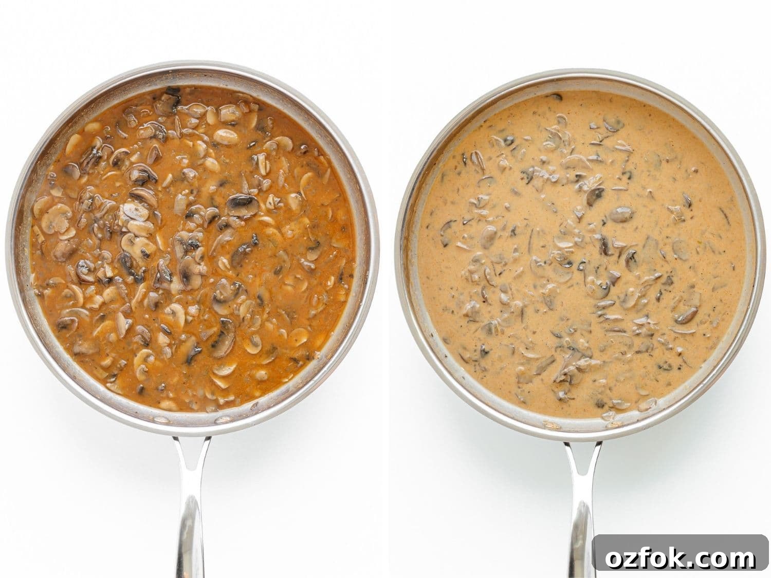 Creamy Halloumi Stroganoff with Mushrooms and Thyme 8 Photo collage of Stroganoff sauce in a stainless steel skillet before and after adding in sour cream.