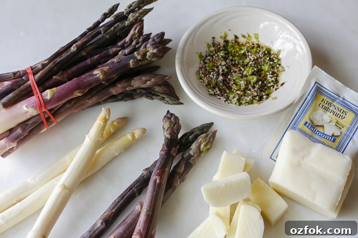 Wonderful Spring Asparagus - Purple and White gets skewered and grilled with chunks of Halloumi Cheese - Za'atar adds flavor!