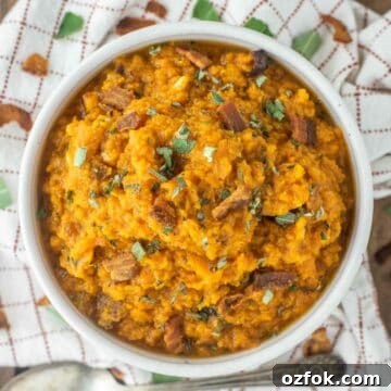 overhead shot of mashed sweet potatoes in bowl