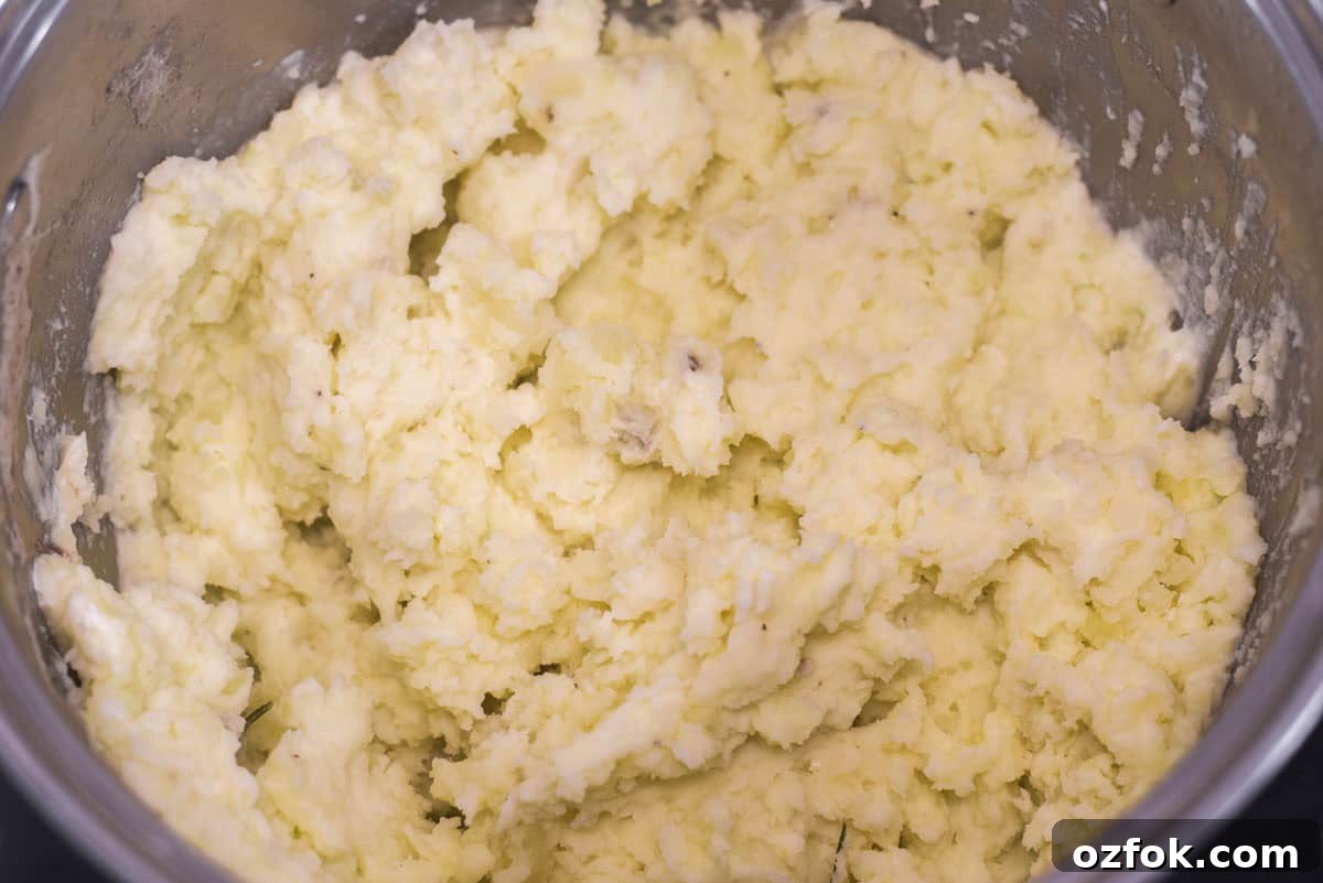 Mashing potatoes with other ingredients in large stock pot.