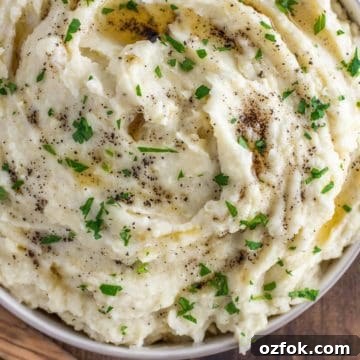 Mashed potatoes made with brown butter in bowl.