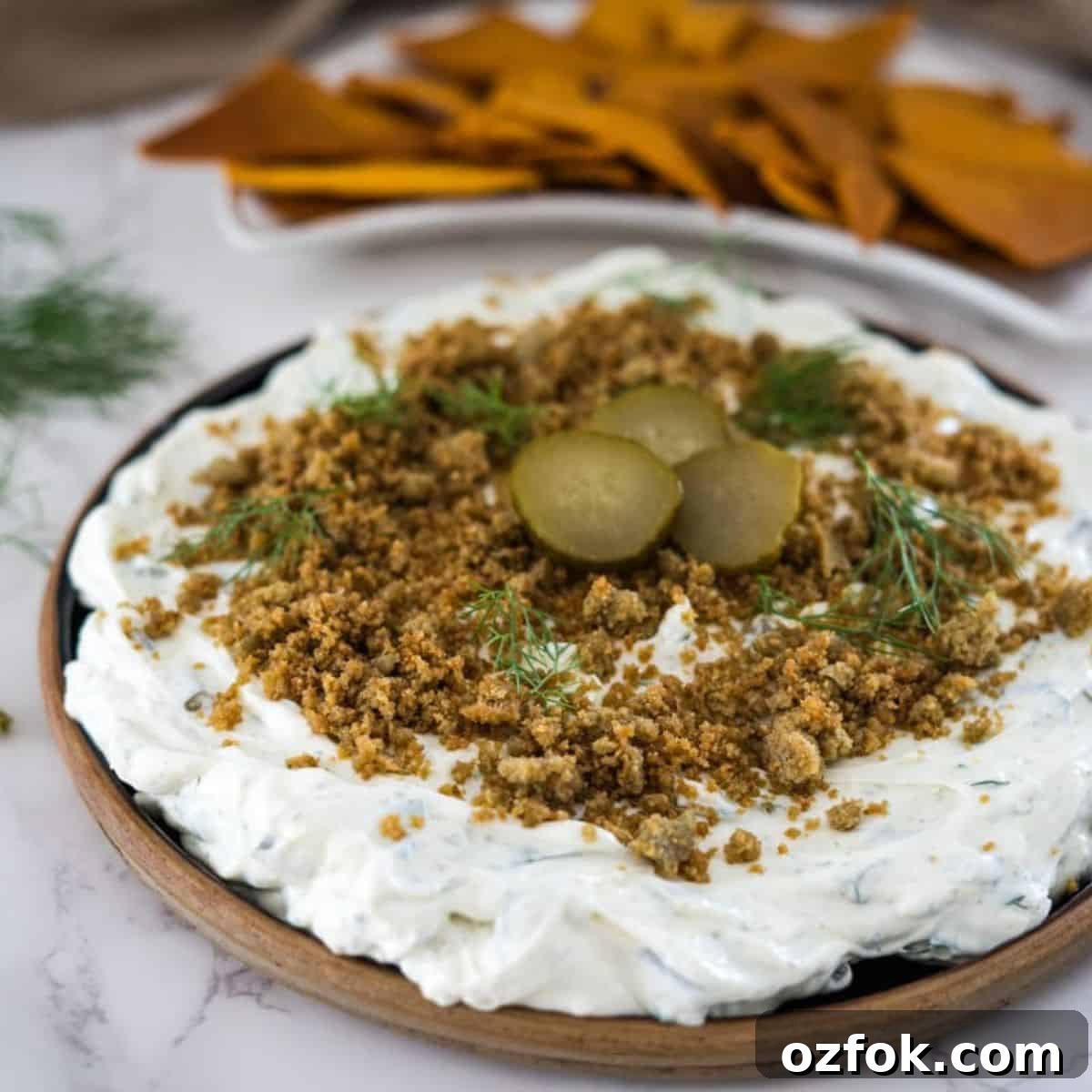 Keto French Onion Dip Recipe for Low-Carb Snacking 12 A plate with a dip and crackers on it.