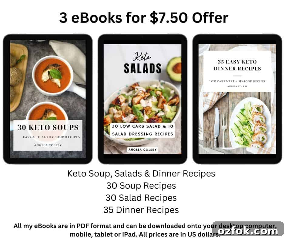 Keto French Onion Dip Recipe for Low-Carb Snacking 15 Three eBook covers displayed on tablets advertise a $7.50 offer for keto ebooks. Titles include "30 Keto Soups," "30 Salad Recipes," and "35 Easy Keto Dinner Recipes." All eBooks are in PDF format.