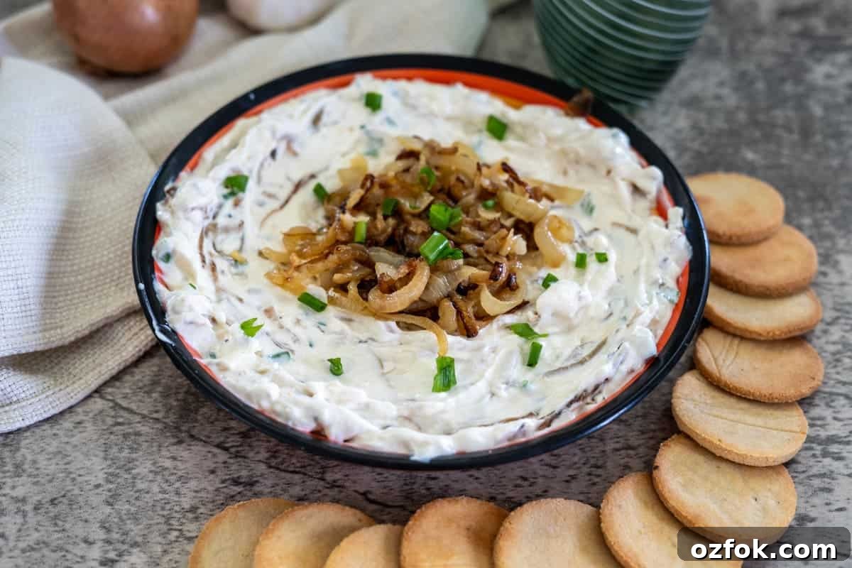 Keto French Onion Dip Recipe for Low-Carb Snacking 8 A bowl of creamy dip topped with caramelized onions and green onions, surrounded by round crackers on a gray surface.