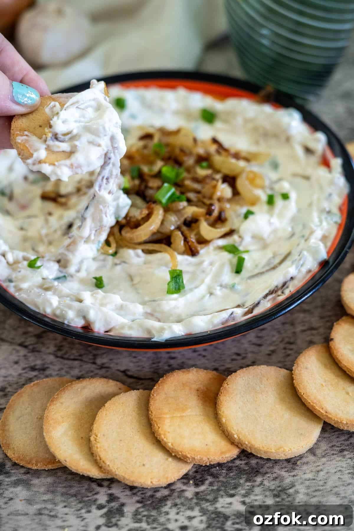 Keto French Onion Dip Recipe for Low-Carb Snacking 9 A hand dipping a cracker into a bowl of creamy onion dip, garnished with caramelized onions and chopped green onions. Crackers are arranged in front of the bowl.