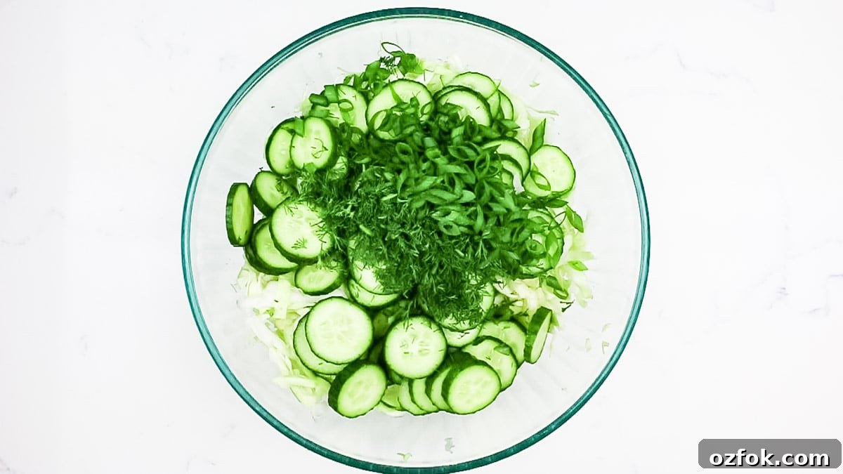 Bowl full of ingredients for cabbage cucumber salad.
