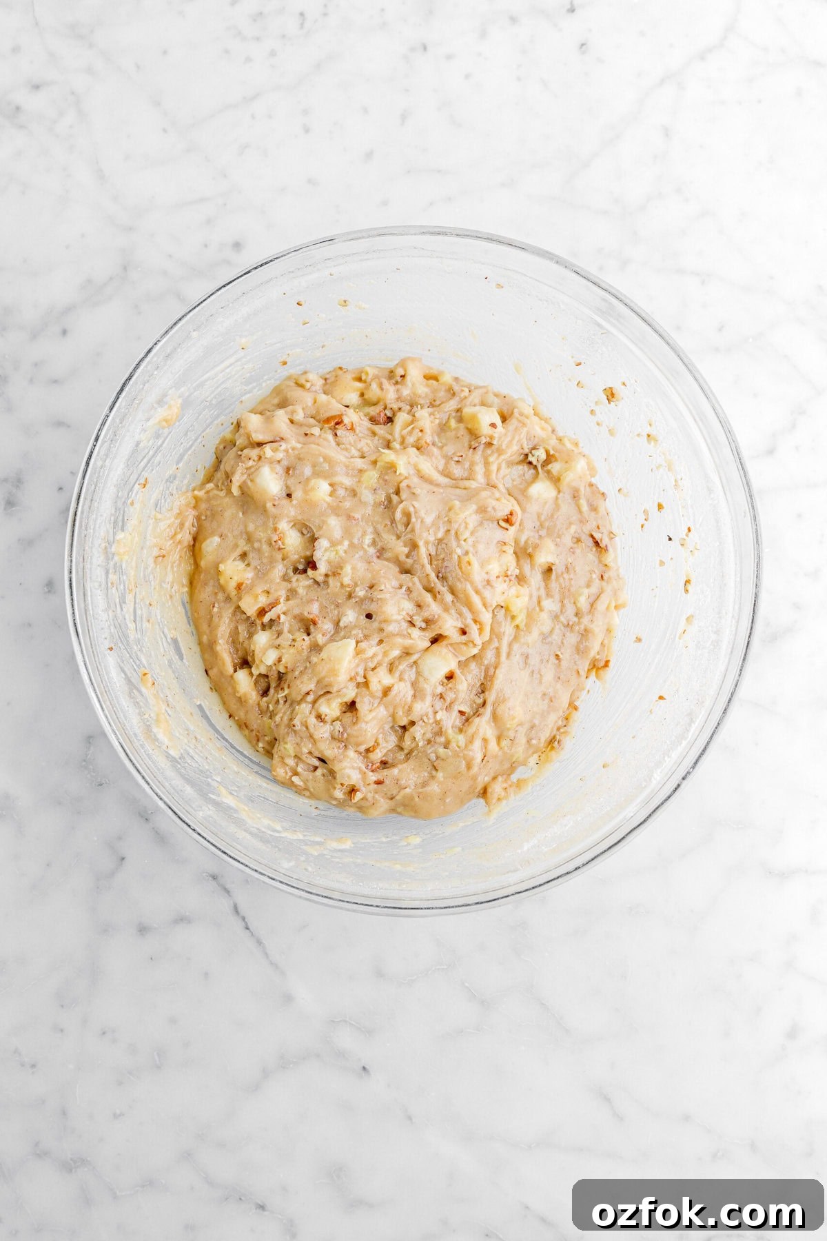 hummingbird cake batter in glass bowl.