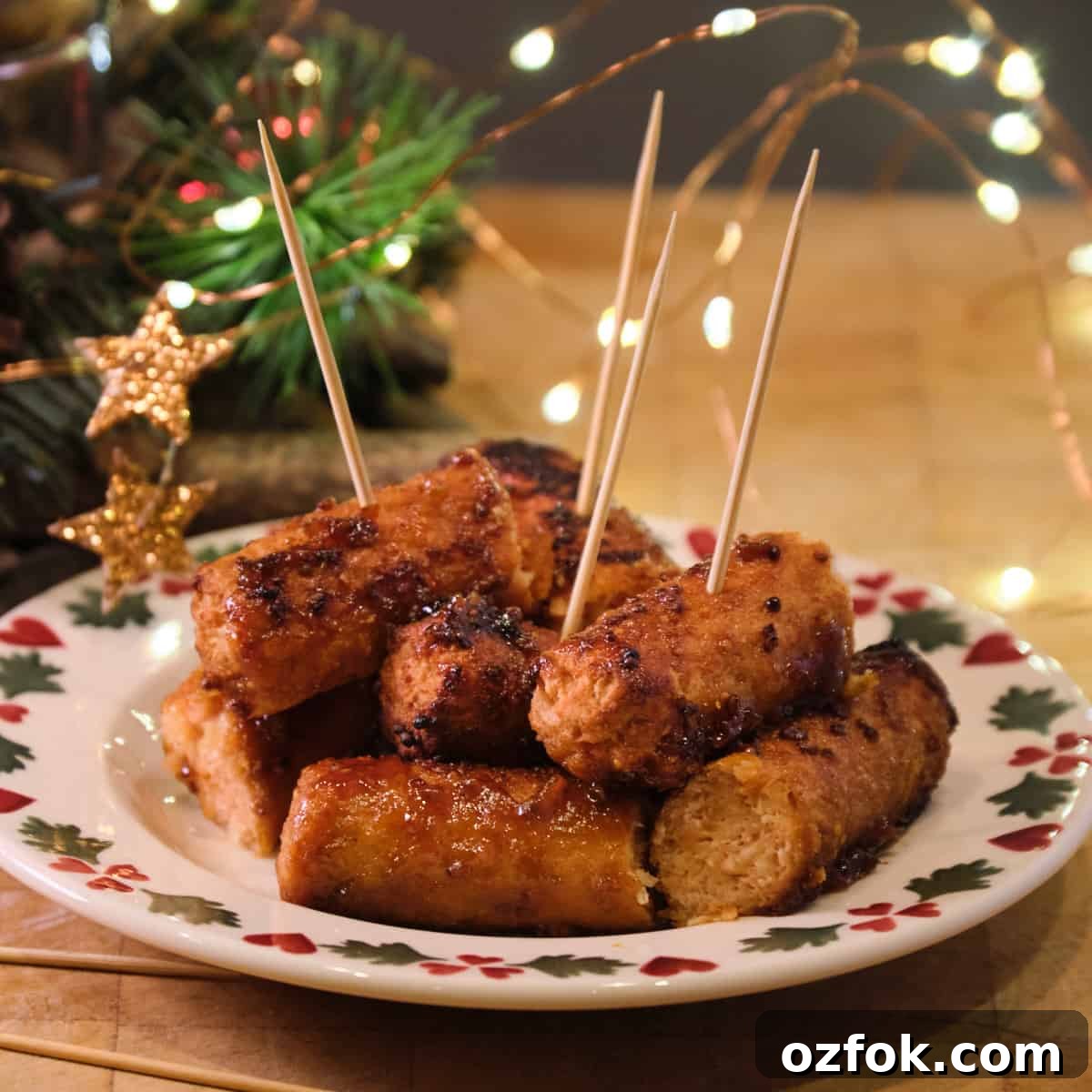 Square photo of a festive plate of sticky ginger miso sausages with fairy lights and christmas decorations in the background.