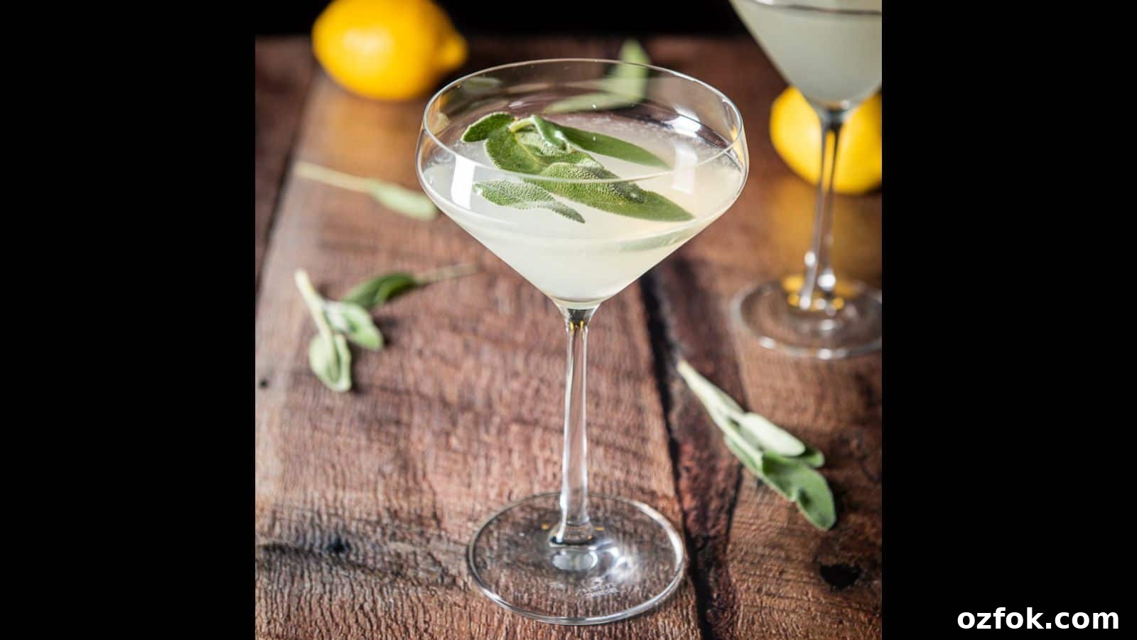 Sage Limoncello Martini Recipe — Citrus Cocktail with Herbal Twist 3 two martini glasses filled with the sage lemon martini with sage and lemons on the table