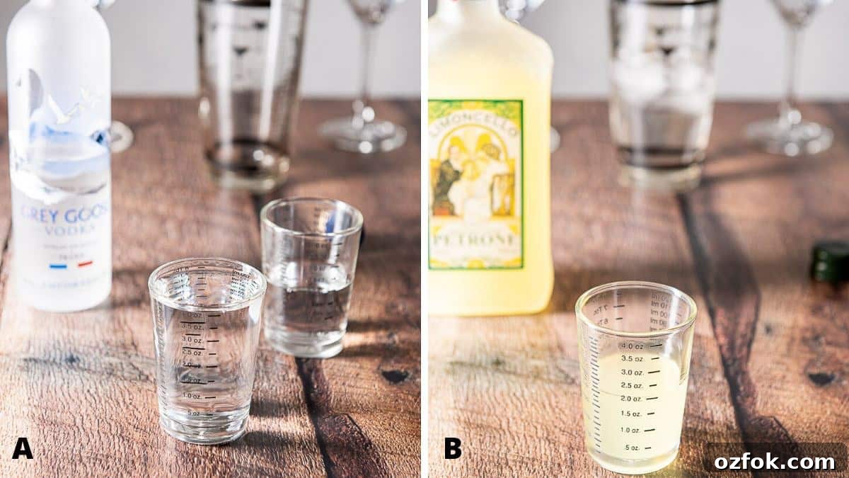 Sage Limoncello Martini Recipe — Citrus Cocktail with Herbal Twist 5 Vodka and limoncello poured for the drink