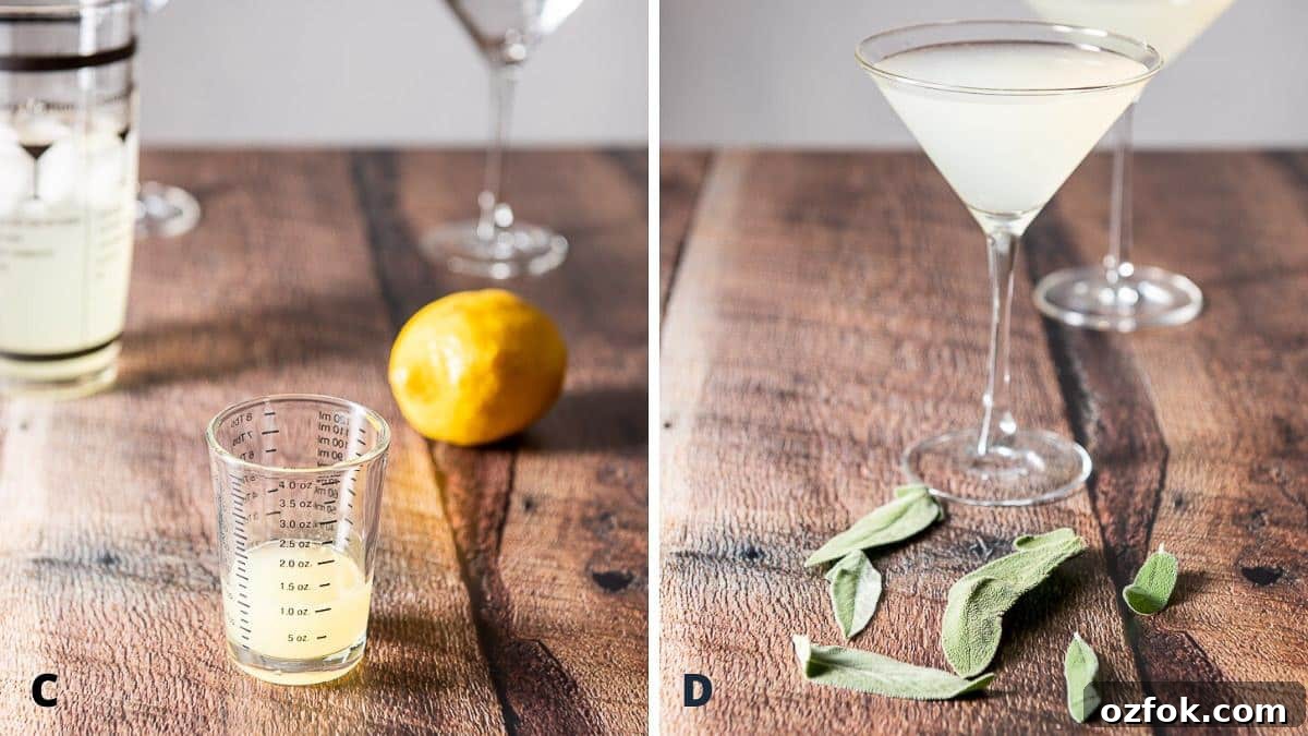 Sage Limoncello Martini Recipe — Citrus Cocktail with Herbal Twist 6 lemon juice squeezed out and sage leaves