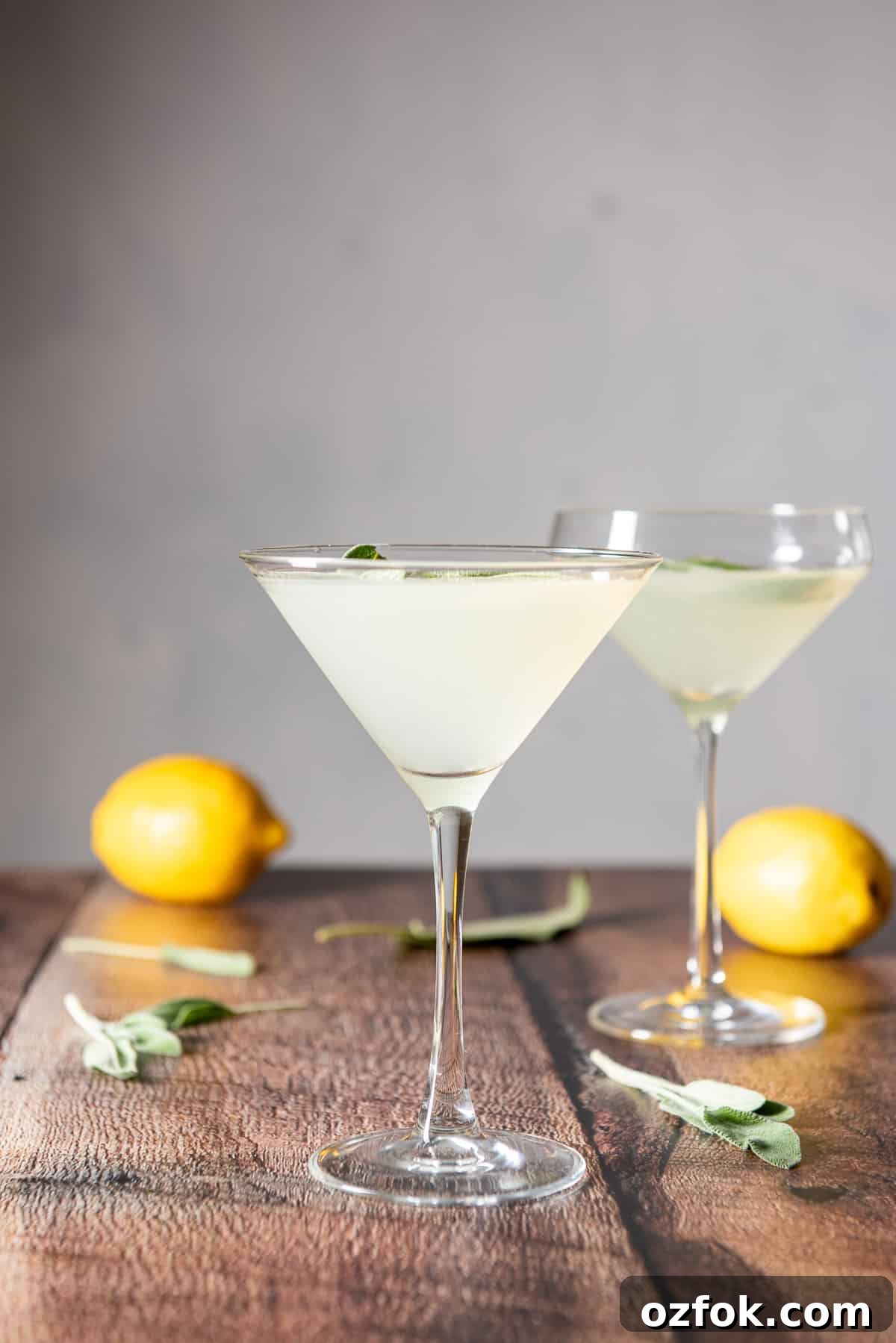 Sage Limoncello Martini Recipe — Citrus Cocktail with Herbal Twist 7 vertical view of the classic martini glass filled with the cocktail