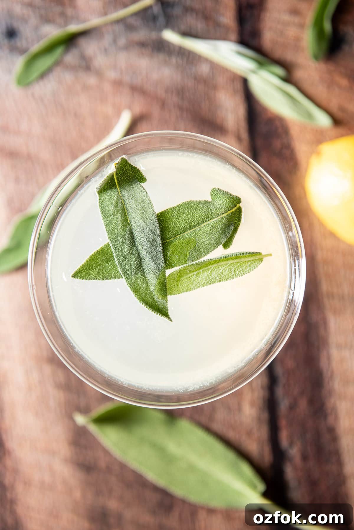 Sage Limoncello Martini Recipe — Citrus Cocktail with Herbal Twist 8 Overhead view of the martini with sage leaves and lemon