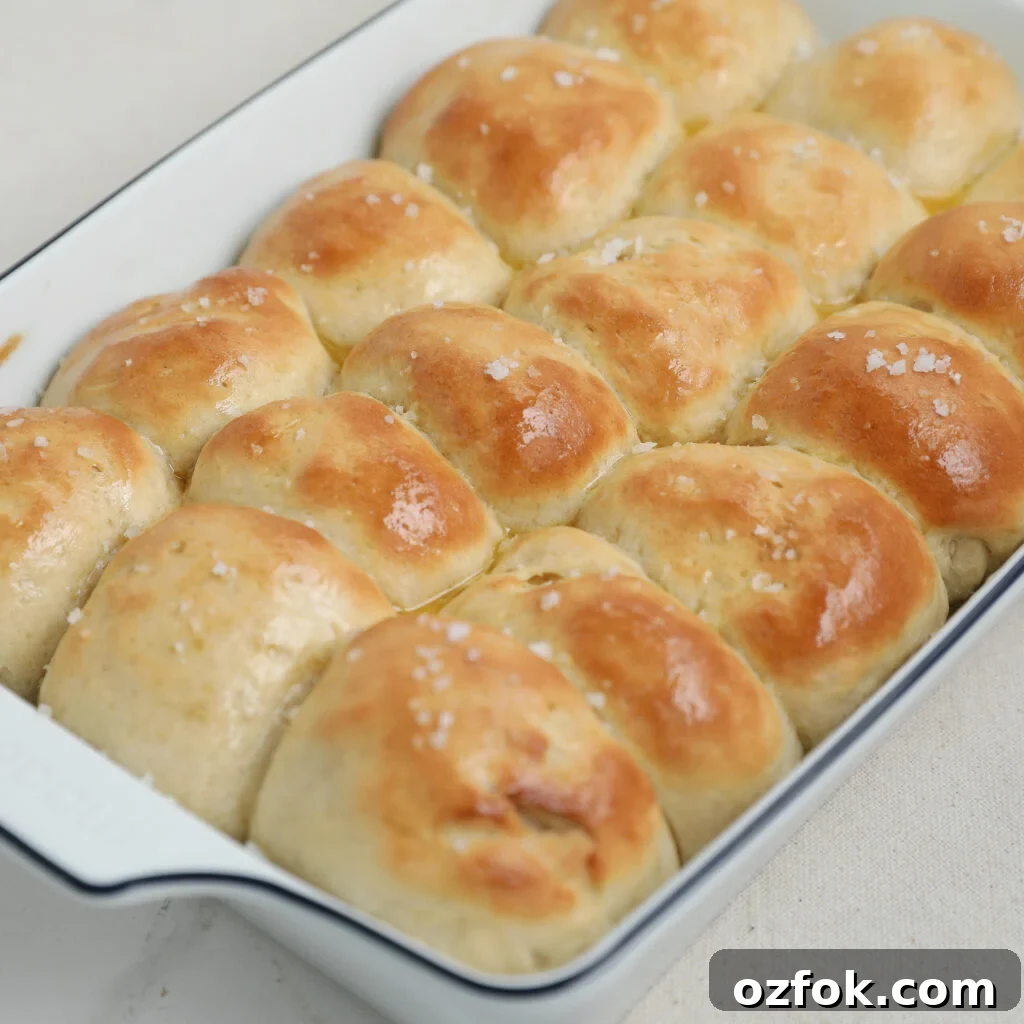 Golden brown dinner rolls topped with coarse salt, freshly baked in a white rectangular dish.