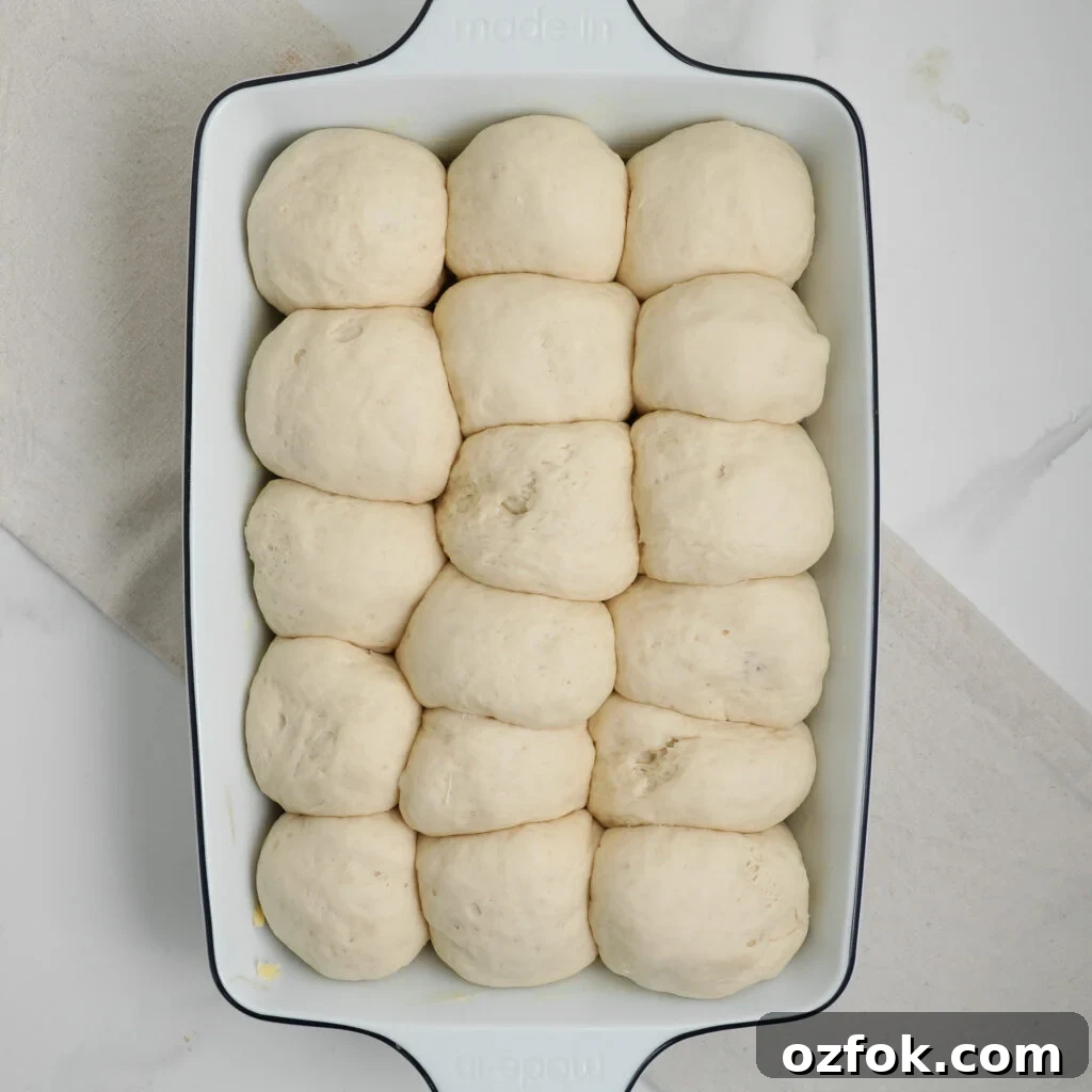 A white rectangular baking dish filled with sixteen evenly arranged, uncooked dough balls.