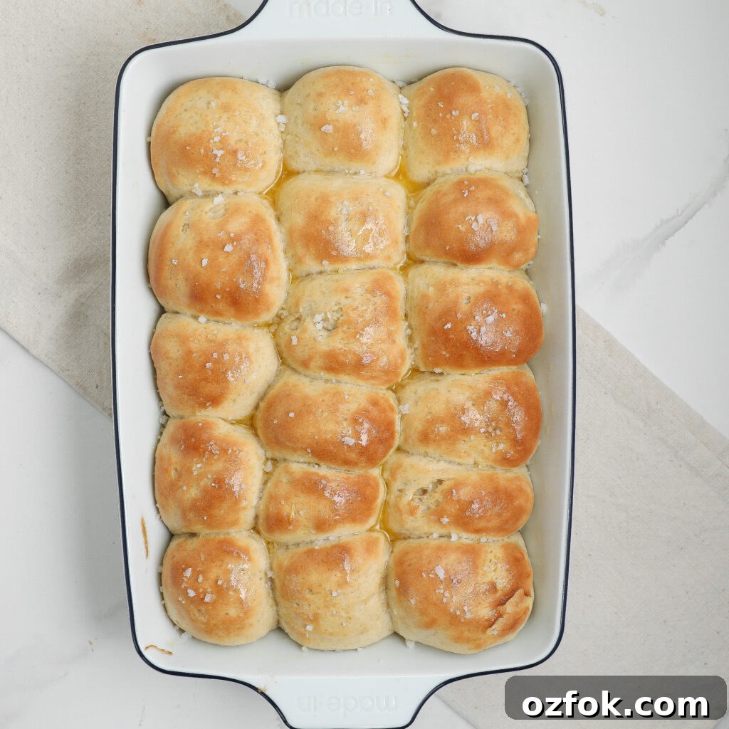 Golden brown dinner rolls topped with coarse salt, freshly baked in a white rectangular dish.