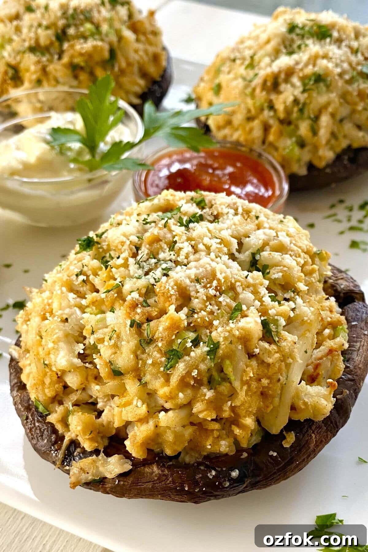 baked crab cake stuffed portobello mushroom on with tartar and cocktail sauces.