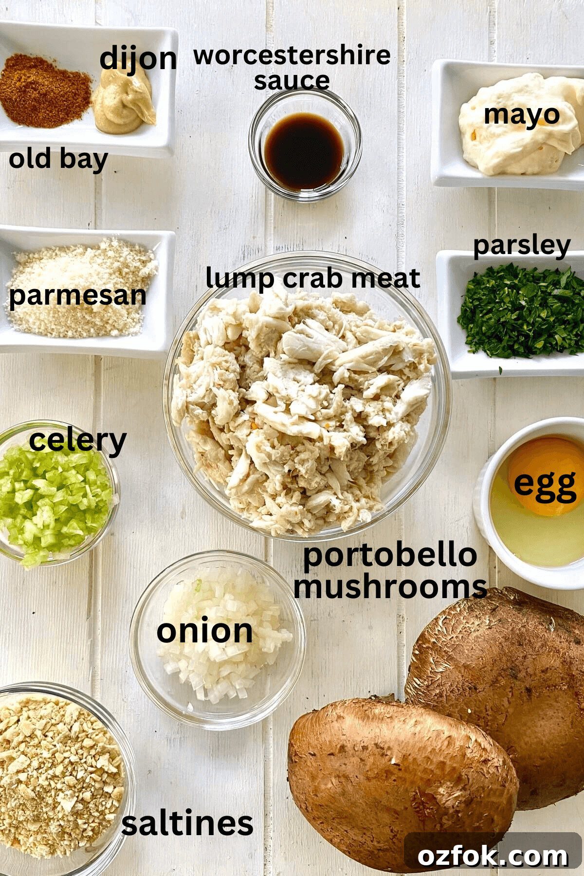 lump crab, parmesan, old bay, dijon, egg, portobello mushrooms, onion, celery, saltine crackers.
