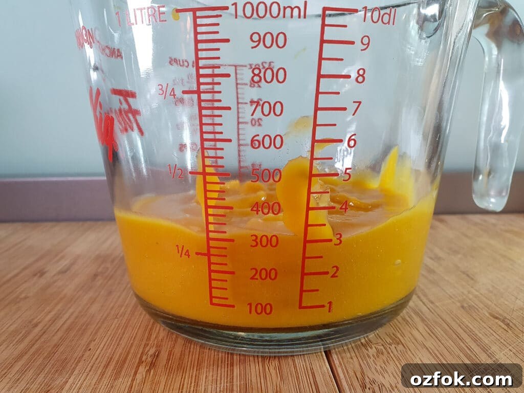 Creamy Mango Ice Cream Recipe: Fresh Mango Frozen Dessert 10 Jug showing about 300 mls mango puree.