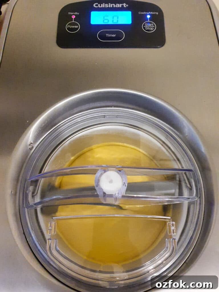 Creamy Mango Ice Cream Recipe: Fresh Mango Frozen Dessert 12 Ice cream churning in ice cream machine.