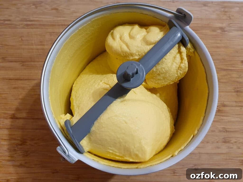 Creamy Mango Ice Cream Recipe: Fresh Mango Frozen Dessert 13 top down view of churned mango ice cream in churning bowl.
