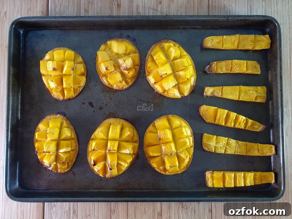 Creamy Mango Ice Cream Recipe: Fresh Mango Frozen Dessert 5 Baked mango on tray.