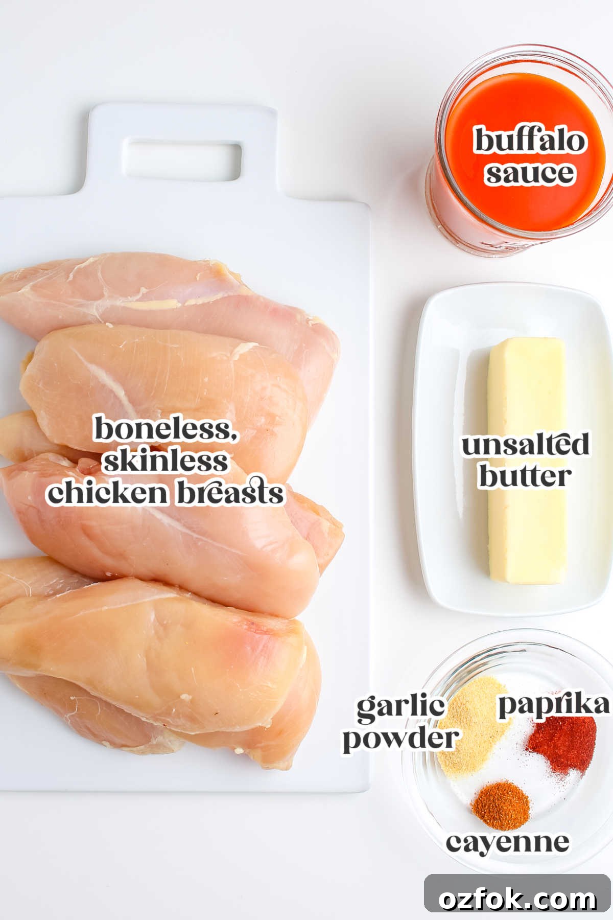 Grilled Buffalo Chicken Breasts with Tangy Blue Cheese Dip 4 Ingredients for grilled buffalo chicken including chicken breasts, buffalo sauce, butter, garlic powder, paprika, and cayenne pepper.