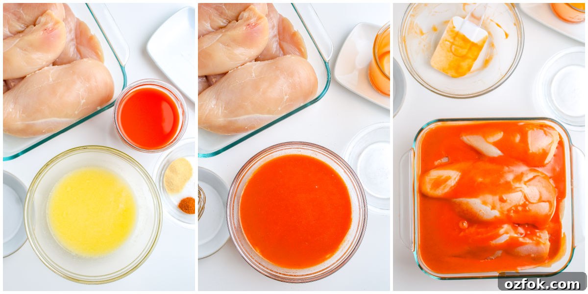 Grilled Buffalo Chicken Breasts with Tangy Blue Cheese Dip 5 Step by step collage showing buffalo sauce preparation and chicken marinating in buffalo sauce.