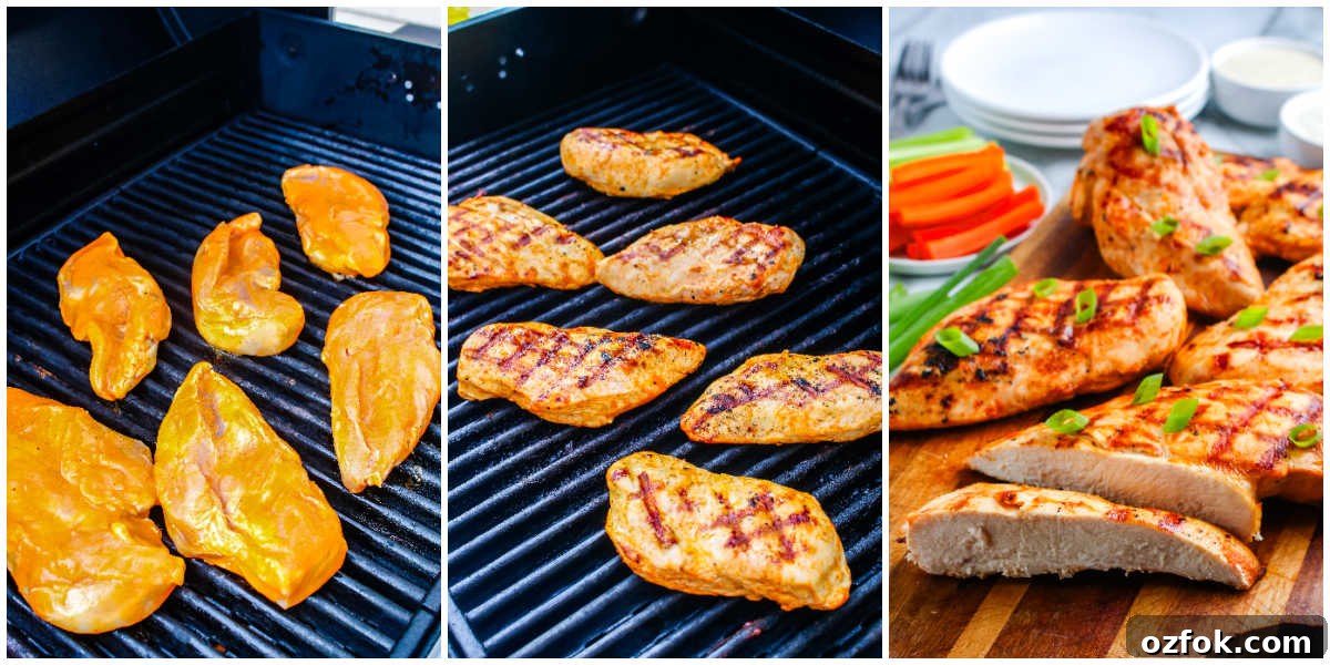 Grilled Buffalo Chicken Breasts with Tangy Blue Cheese Dip 6 Step by step collage showing buffalo chicken grilling process from raw marinated chicken to finished sliced chicken breasts.