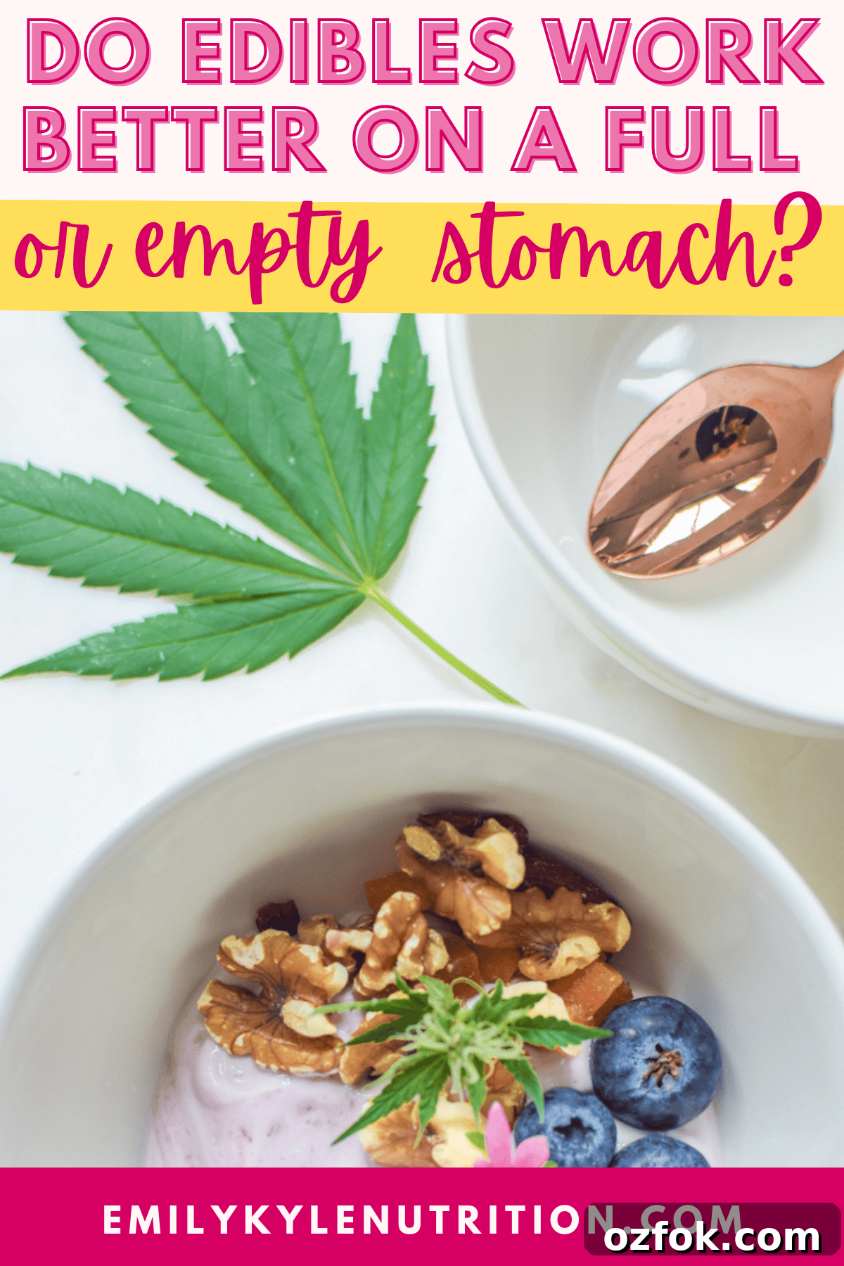 Edibles: Should You Take Them on a Full or Empty Stomach? 2 A picture of a bowl of yogurt with a cannabis leaf with text that says: 'Do Edibles Work Better on a Full or Empty Stomach?