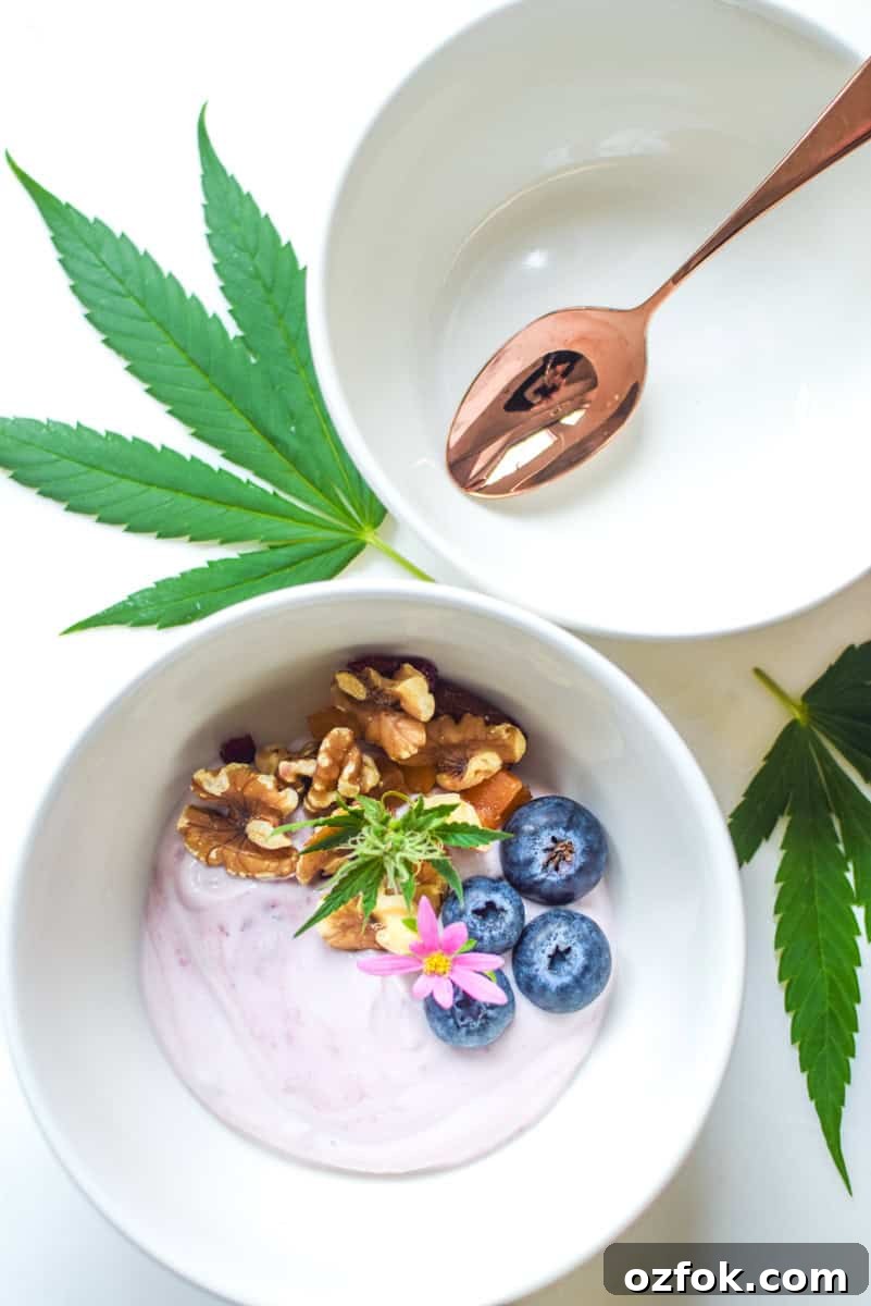 Edibles: Should You Take Them on a Full or Empty Stomach? 4 A picture of a bowl of yogurt with a cannabis leaf.