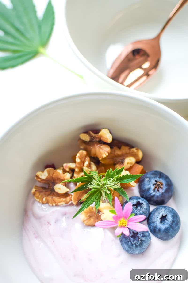 Edibles: Should You Take Them on a Full or Empty Stomach? 5 A picture of a bowl of yogurt with a cannabis leaf.