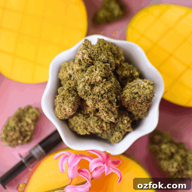 Edibles: Should You Take Them on a Full or Empty Stomach? 9 A picture of a mango and cannabis flower on a pink countertop.