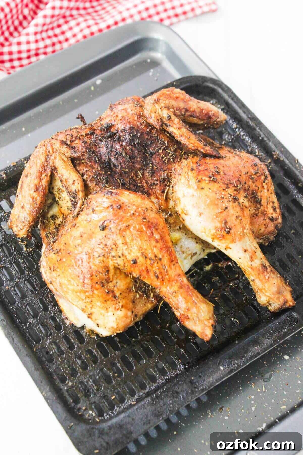 Crispy Air Fryer Spatchcock Chicken Recipe for Juicy Results 10 A cooked, seasoned spatchcock chicken rests on a black roasting rack, with a red and white checkered cloth in the background.