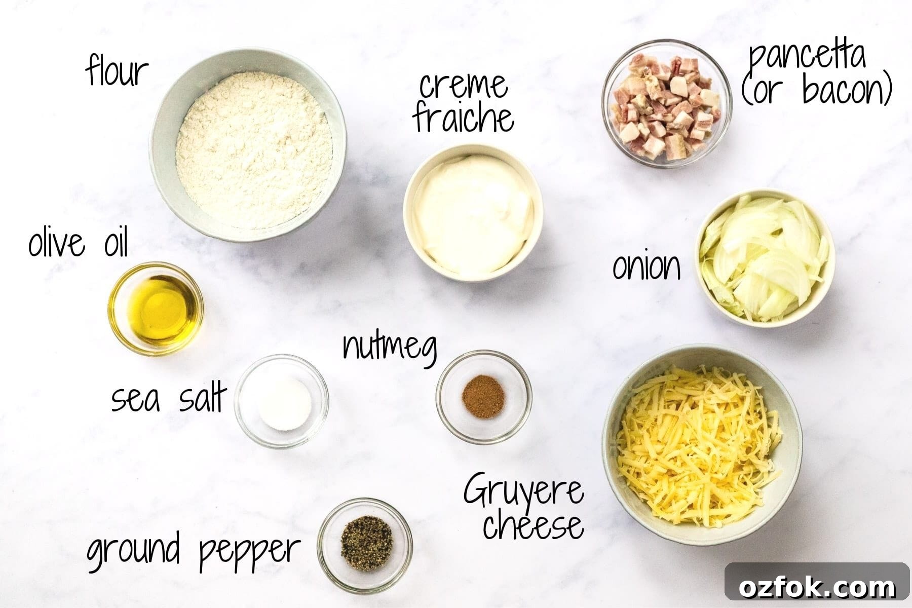 Flammkuchen: Authentic German Tarte Flambée Recipe and Tips 3 ingredients for German pizza with text labels.