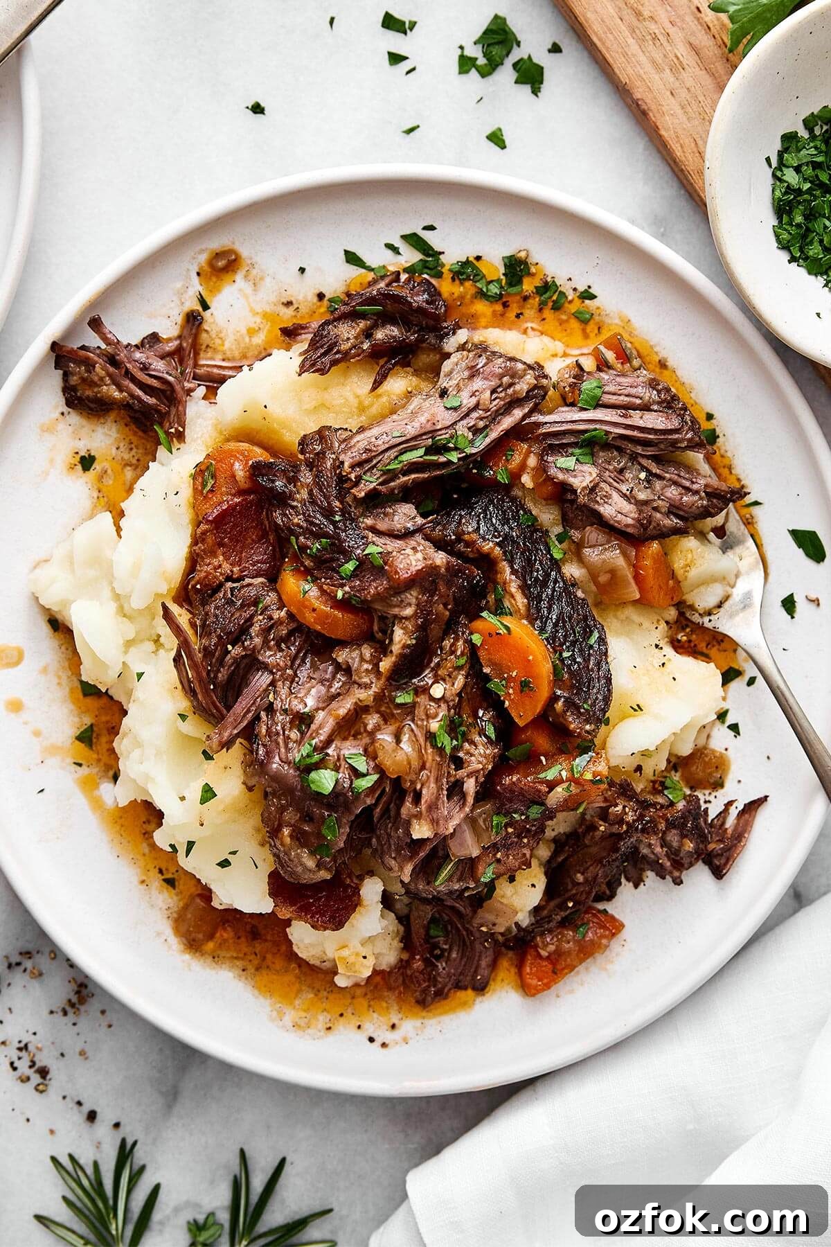 Braised short ribs over mashed potatoes.