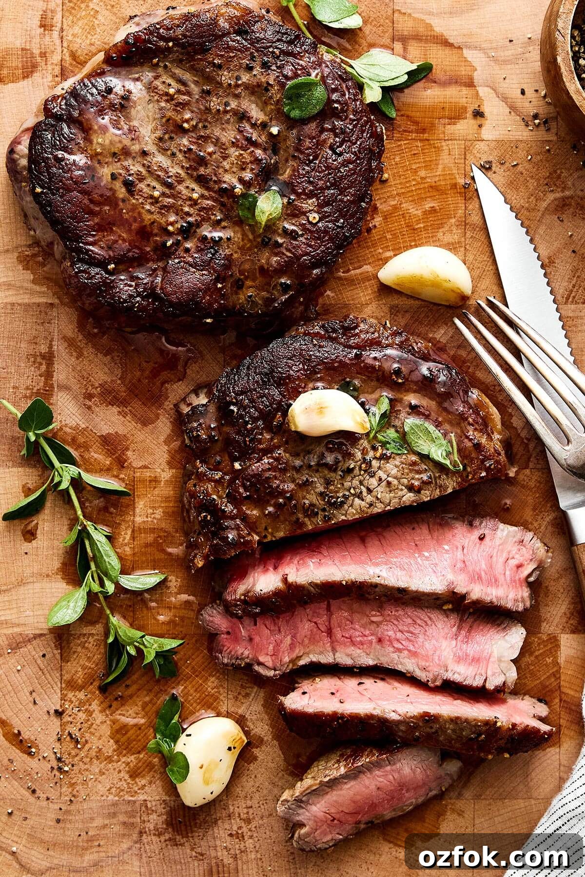 Sliced ribeye steak on a wooden board.