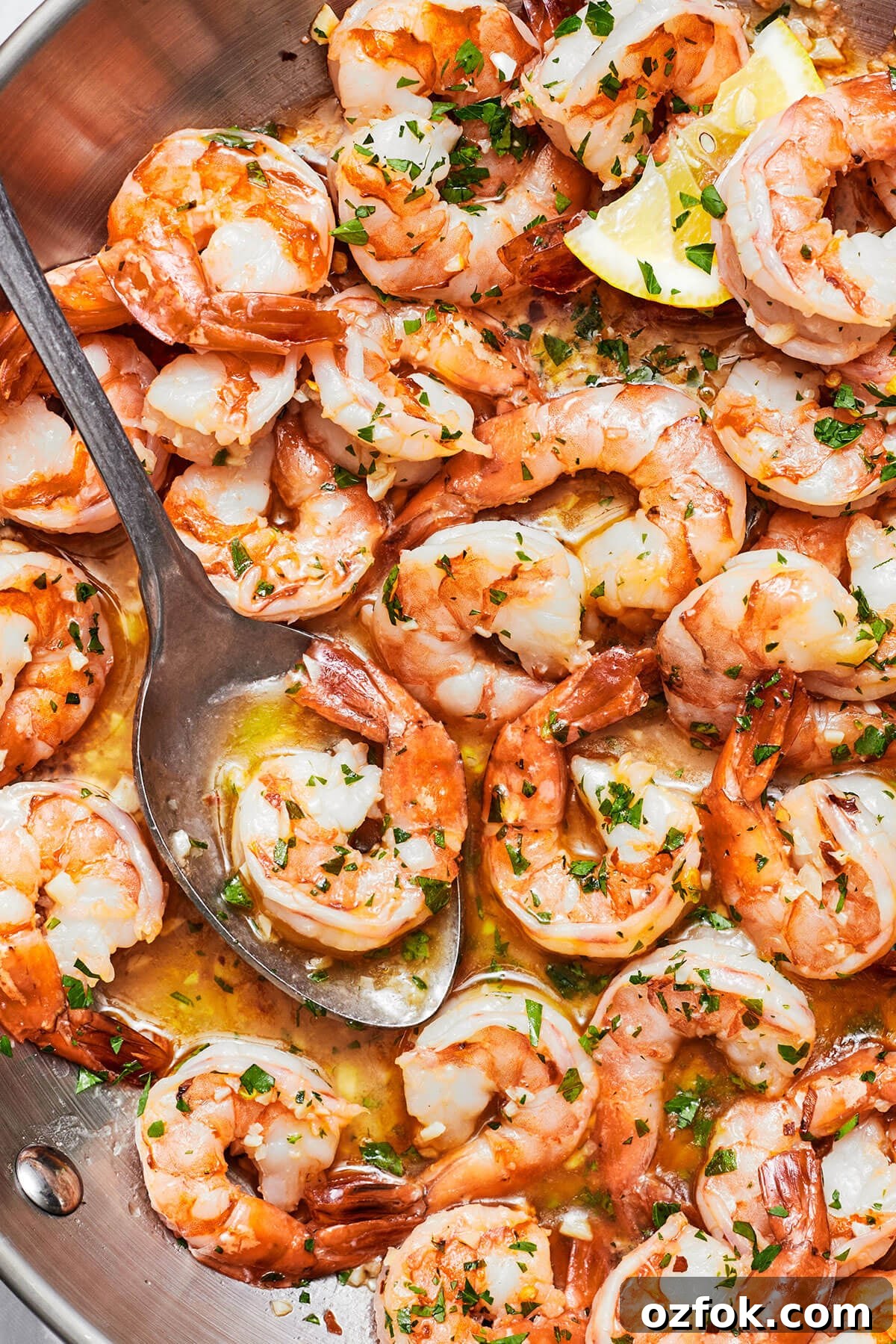 Close up of shrimp scampi in a pan