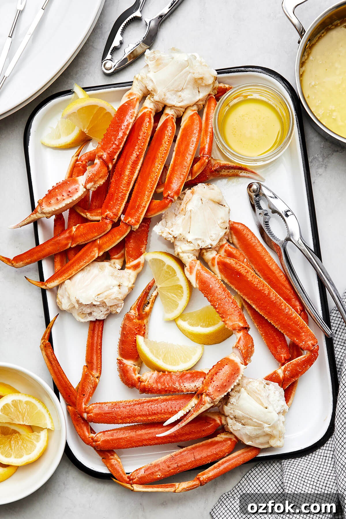 Cooked crab legs on a tray