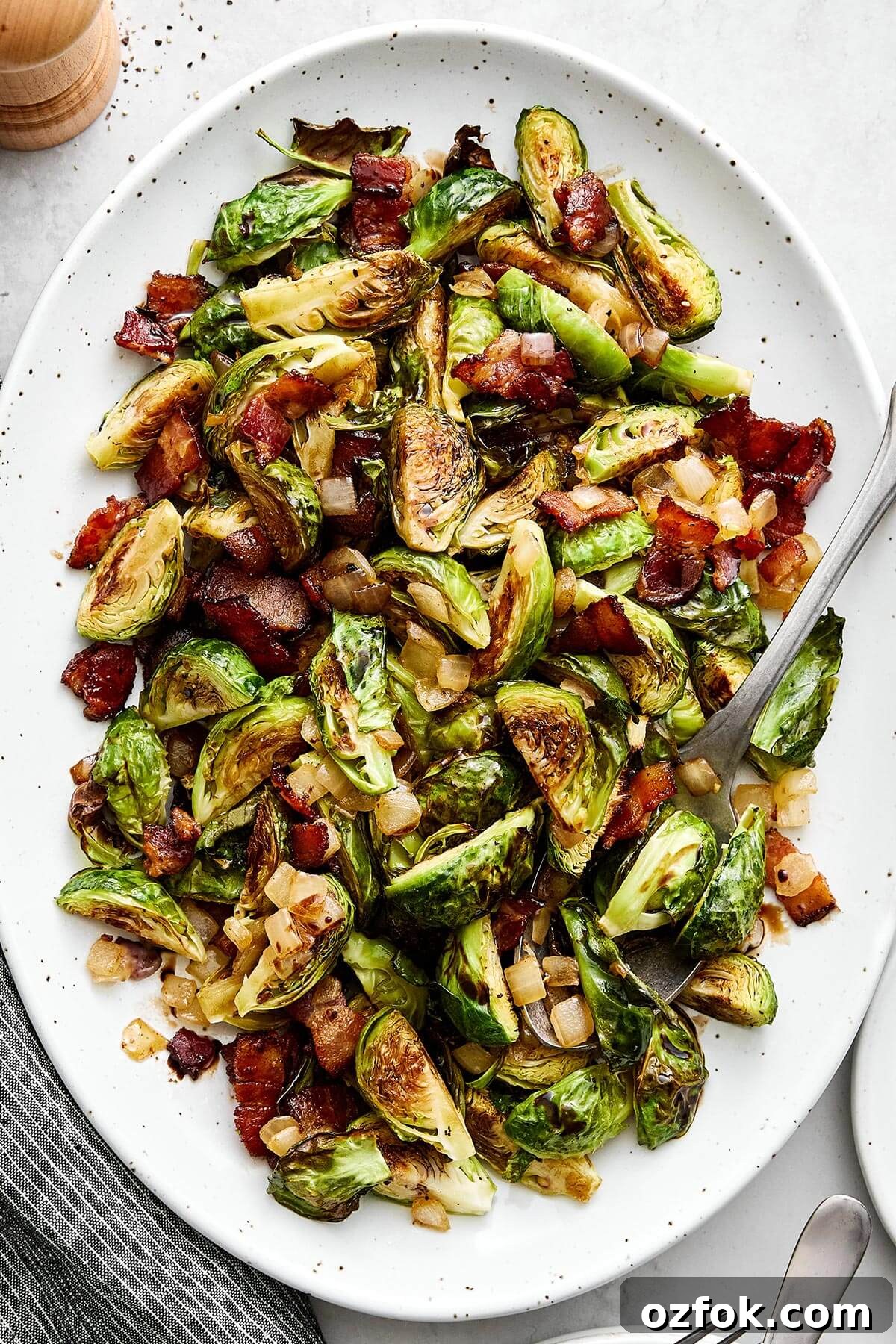 A platter of balsamic bacon Brussels sprouts.