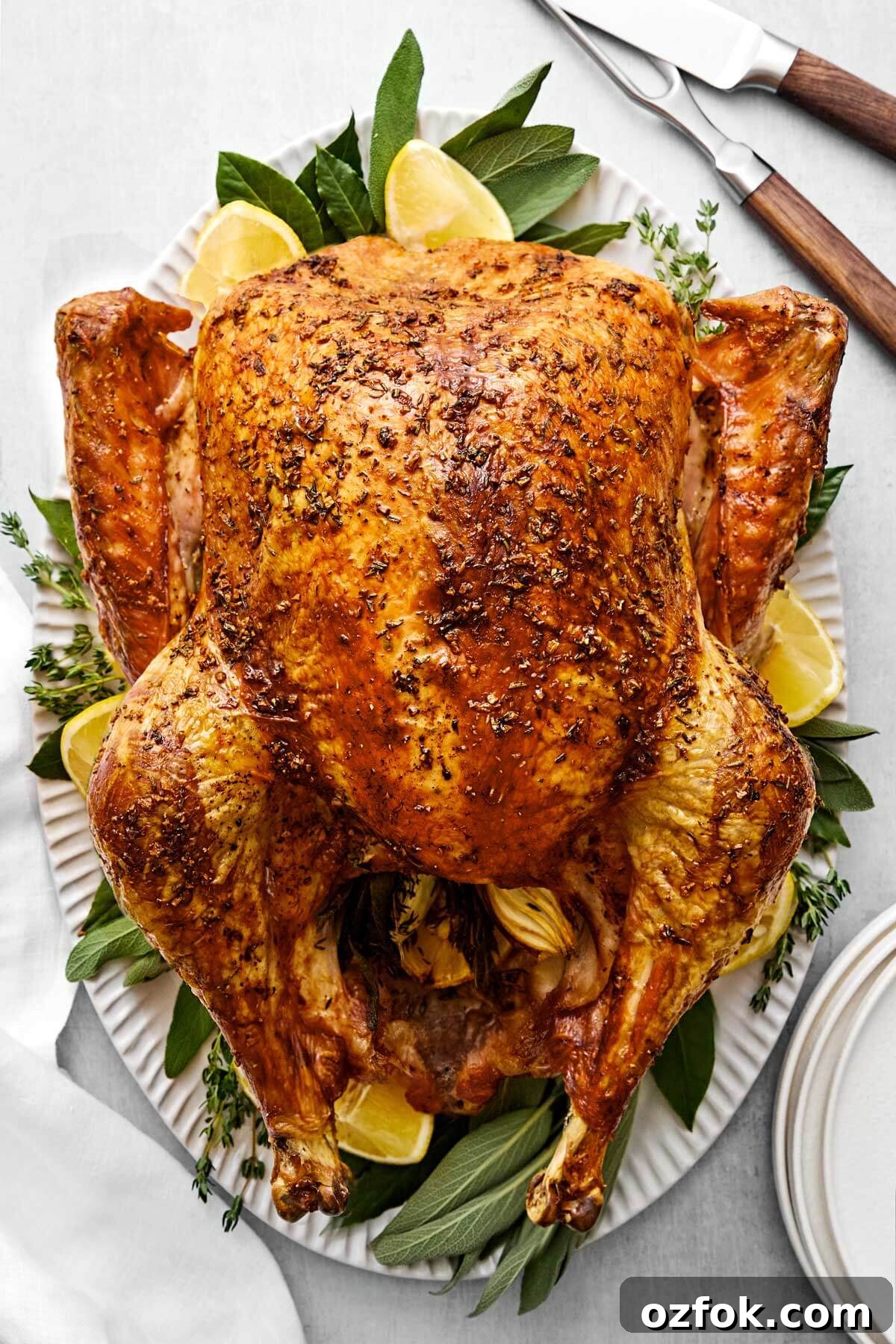 Cooked Thanksgiving turkey on a serving platter.
