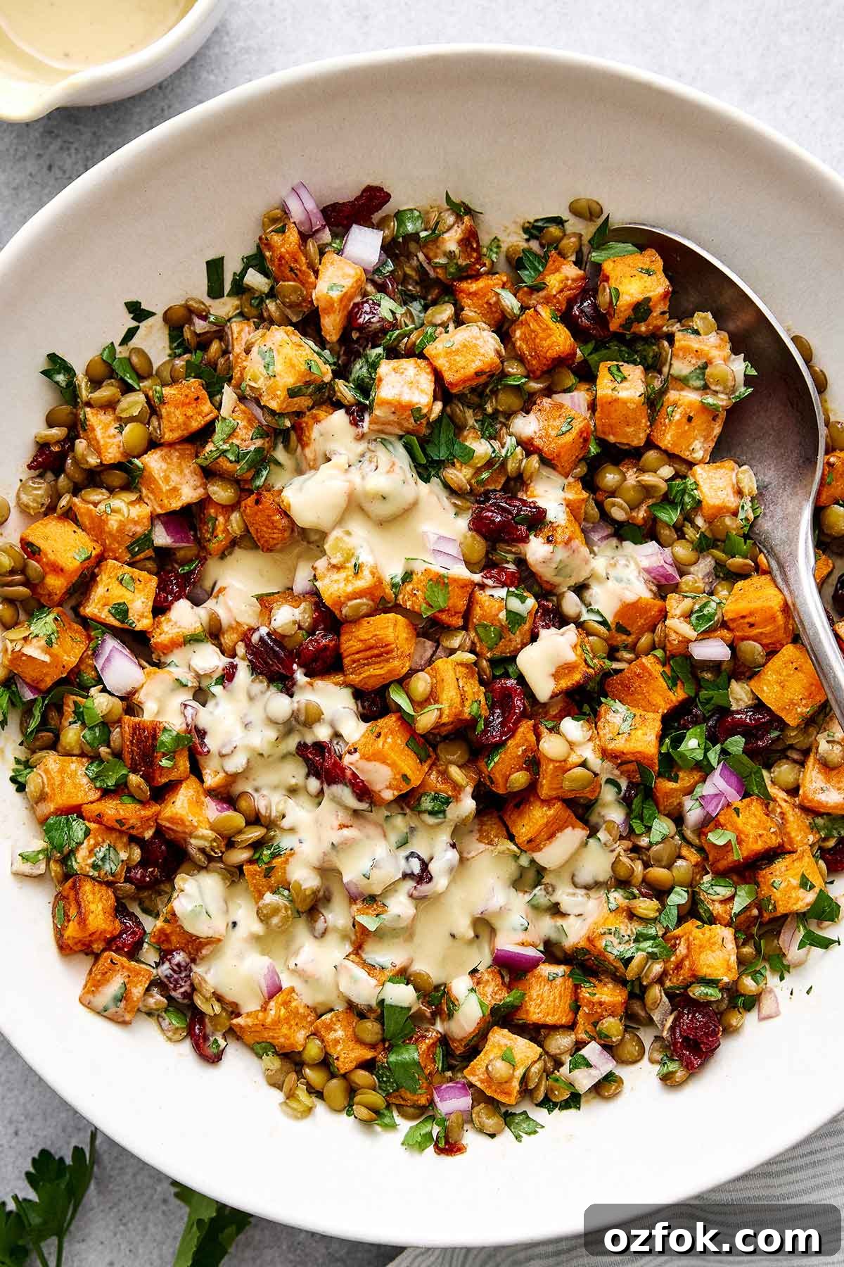 Roasted sweet potato salad for fall and holiday dinners.