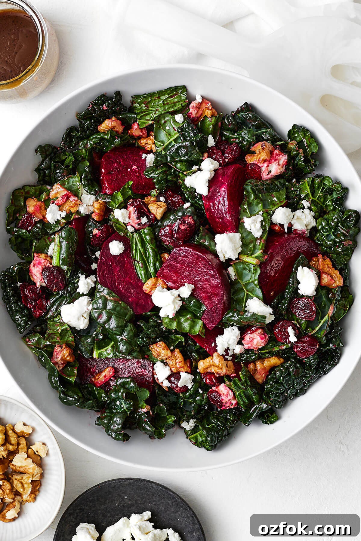 A large bowl of roasted beet salad