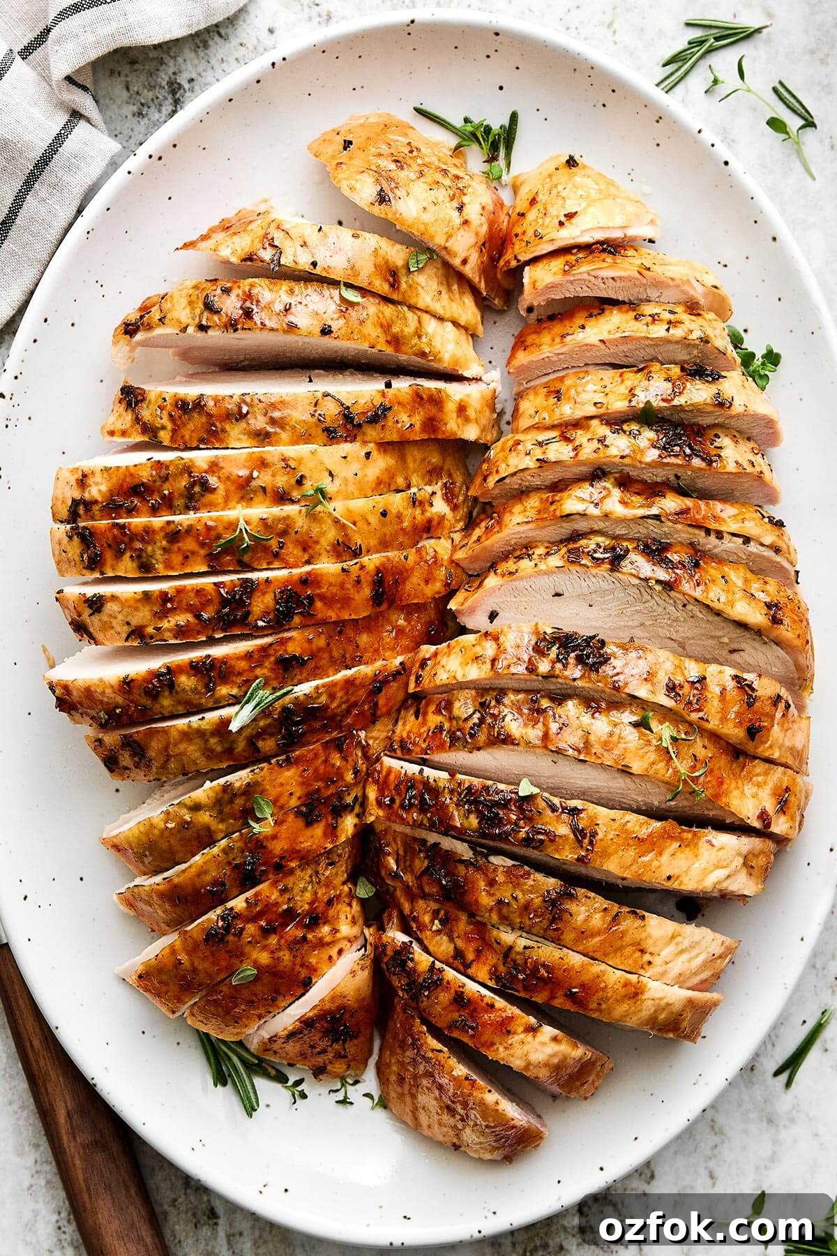 A plate of roasted turkey breast.