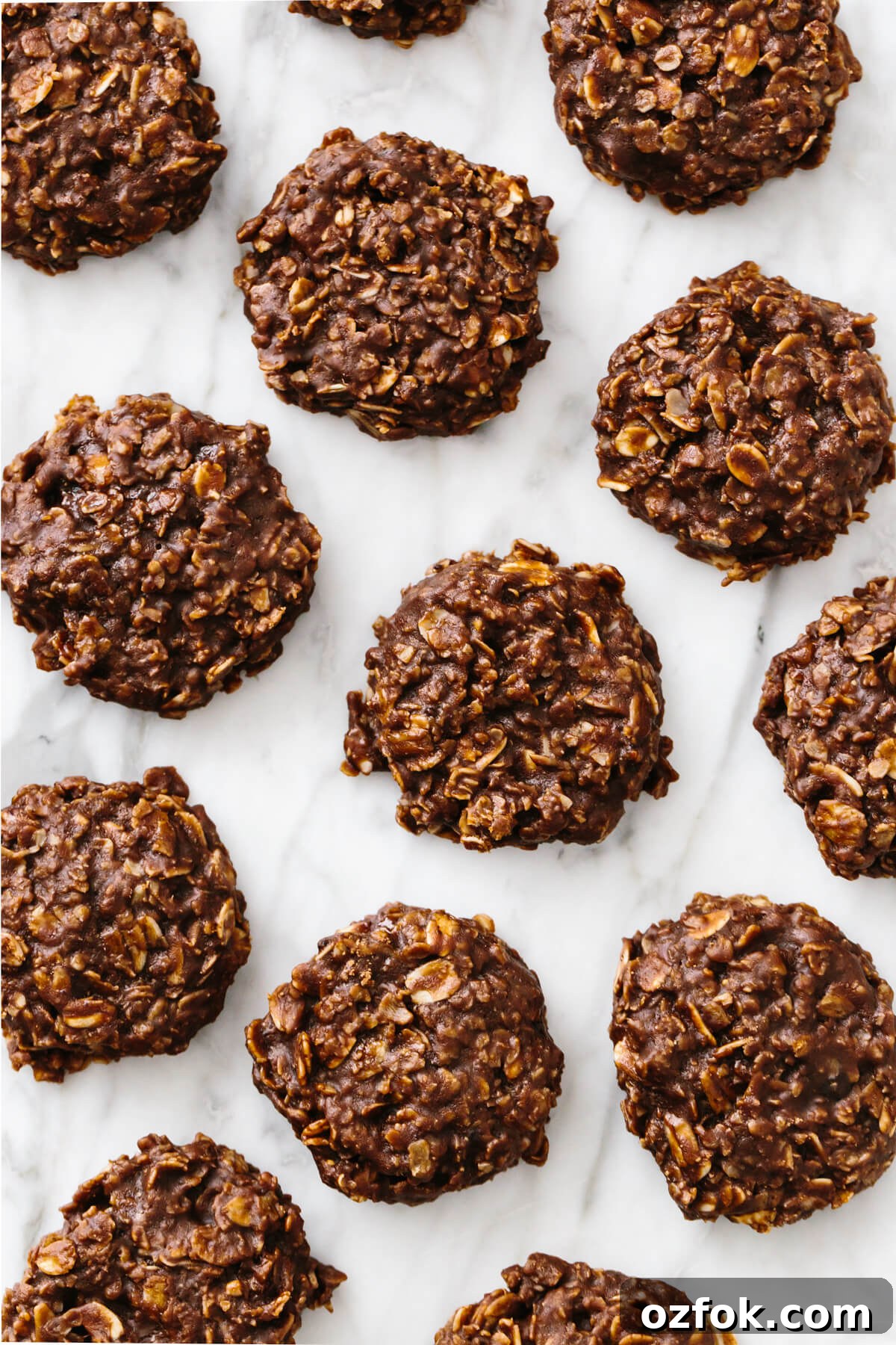 No bake cookies on a marble counter top.