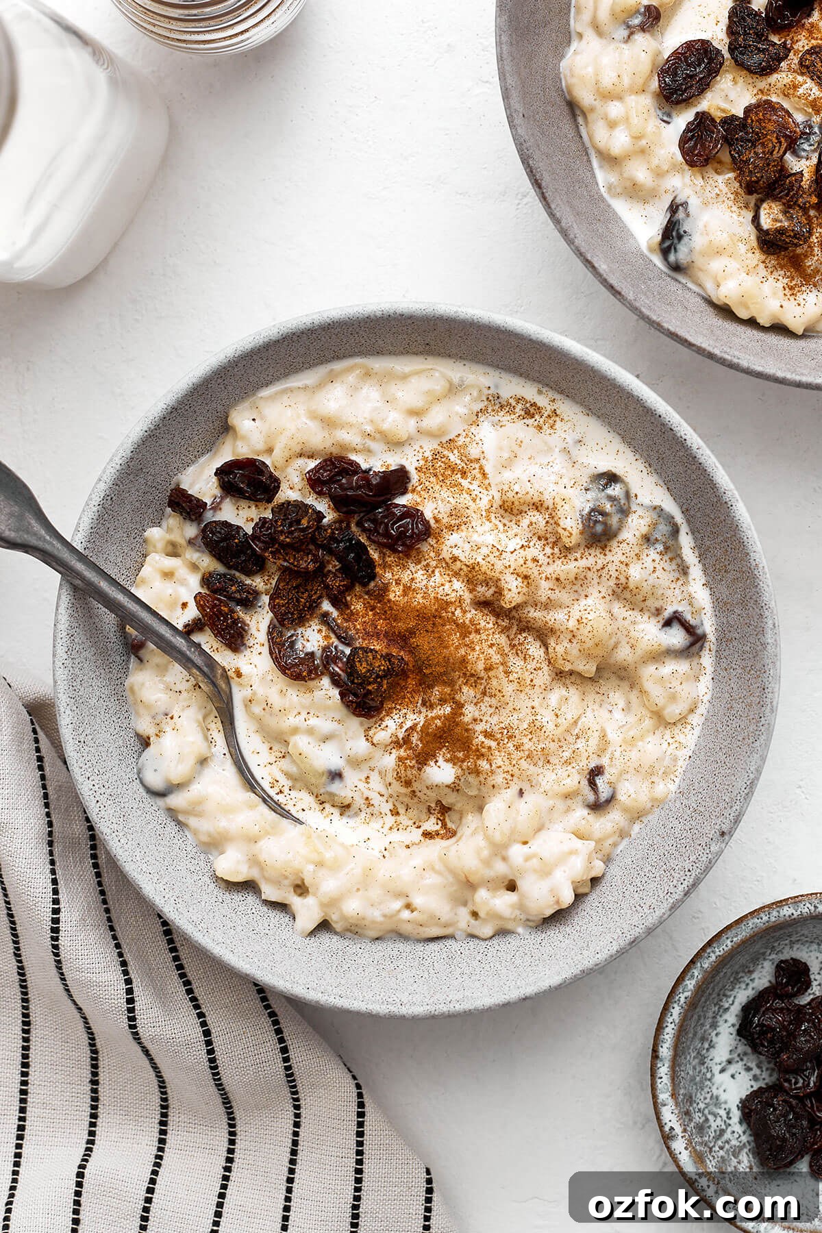 A bowl of creamy rice pudding with cinnamon and raisins