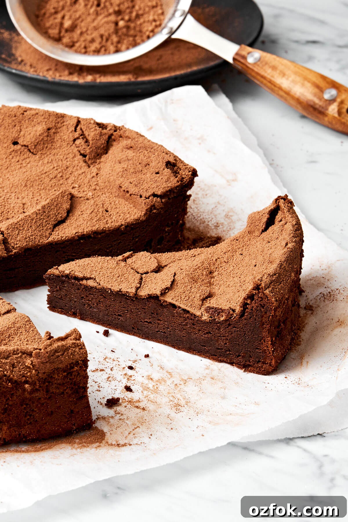 A slice of flourless chocolate cake.