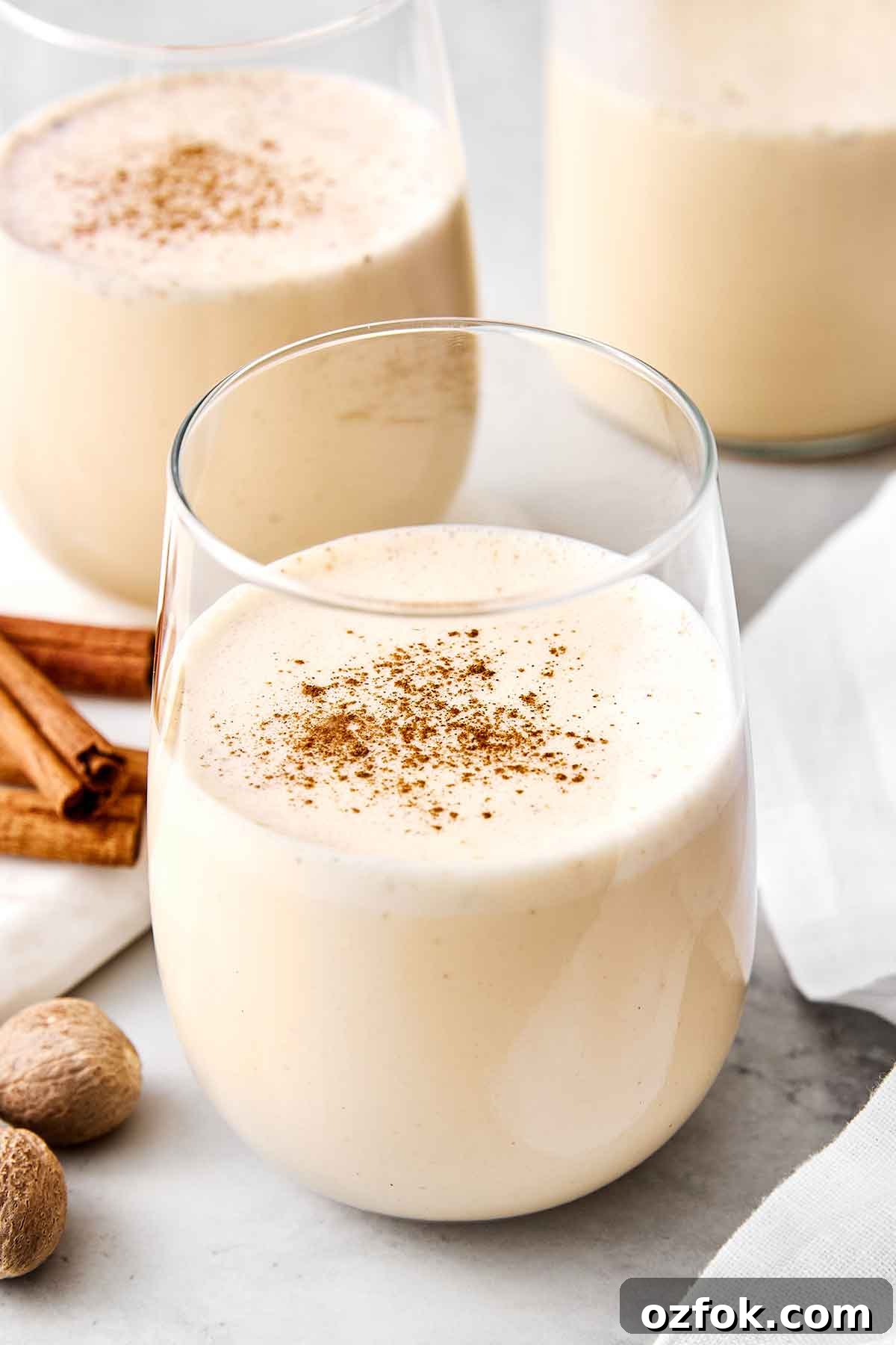 Homemade eggnog in a glass.